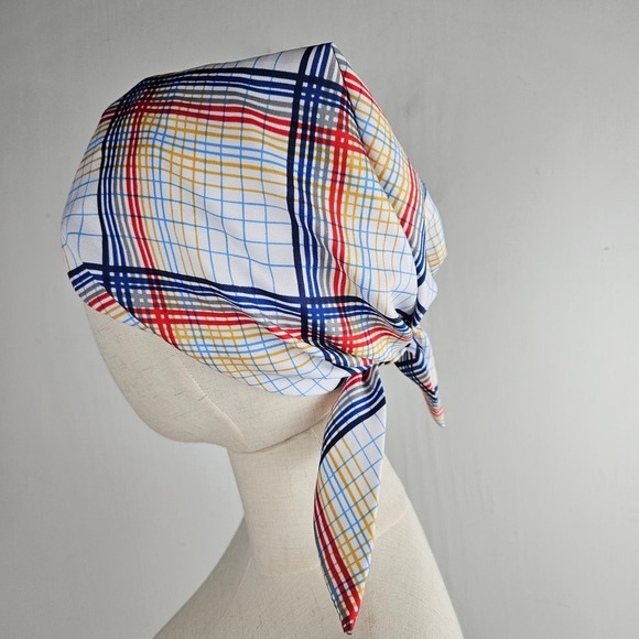 Vintage Scarf Hat Scrub Tie Back White Plaid Chemo Retro Cathy Thousand Oaks Ca - Picture 2 of 8